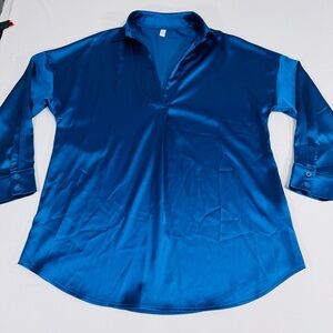 Women’s Royal Blue Satin-looking Long-sleeve Blouse, Unbranded, Size L, NWOT